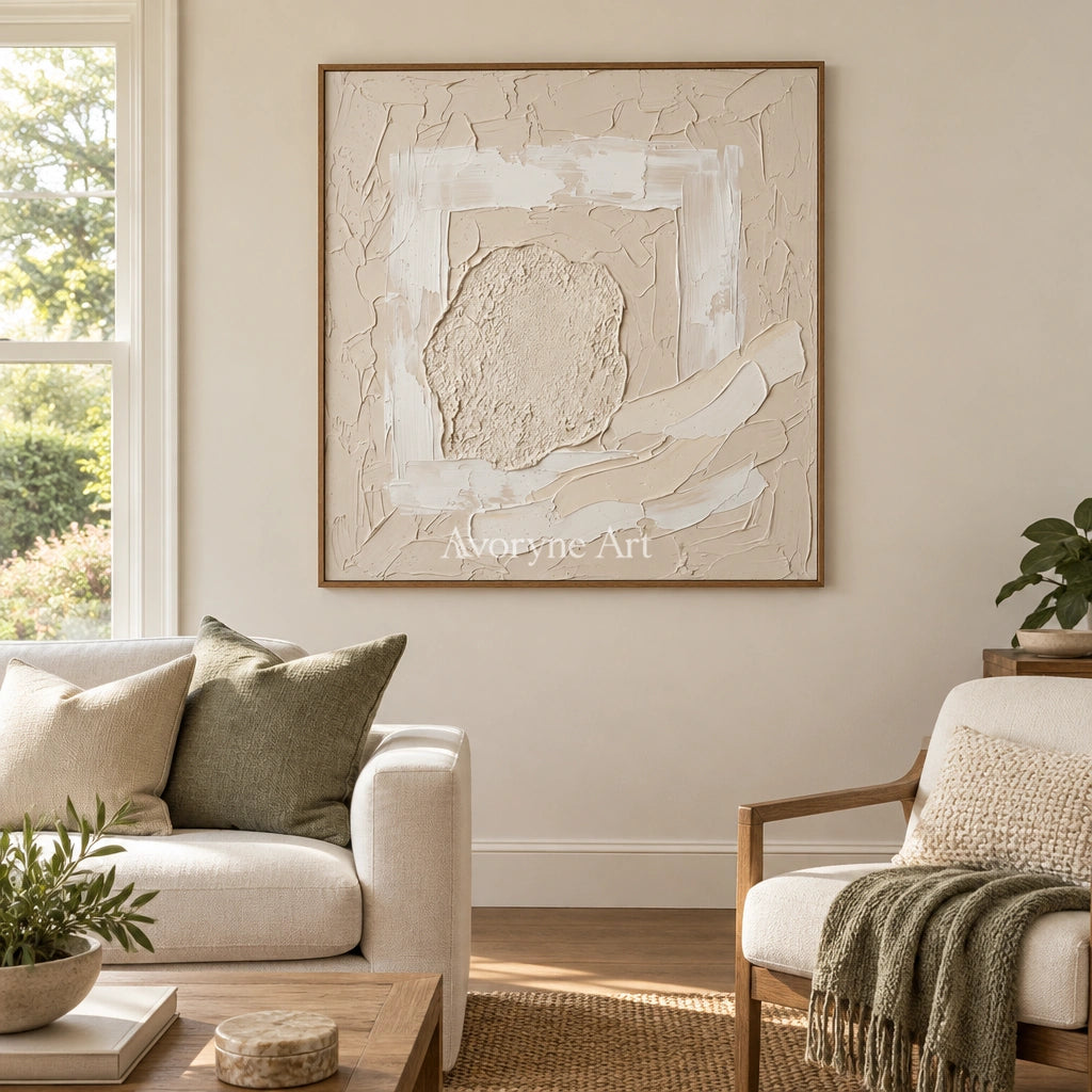Weathered Trace neutral layered relief wall art with a wood frame in a villa living space