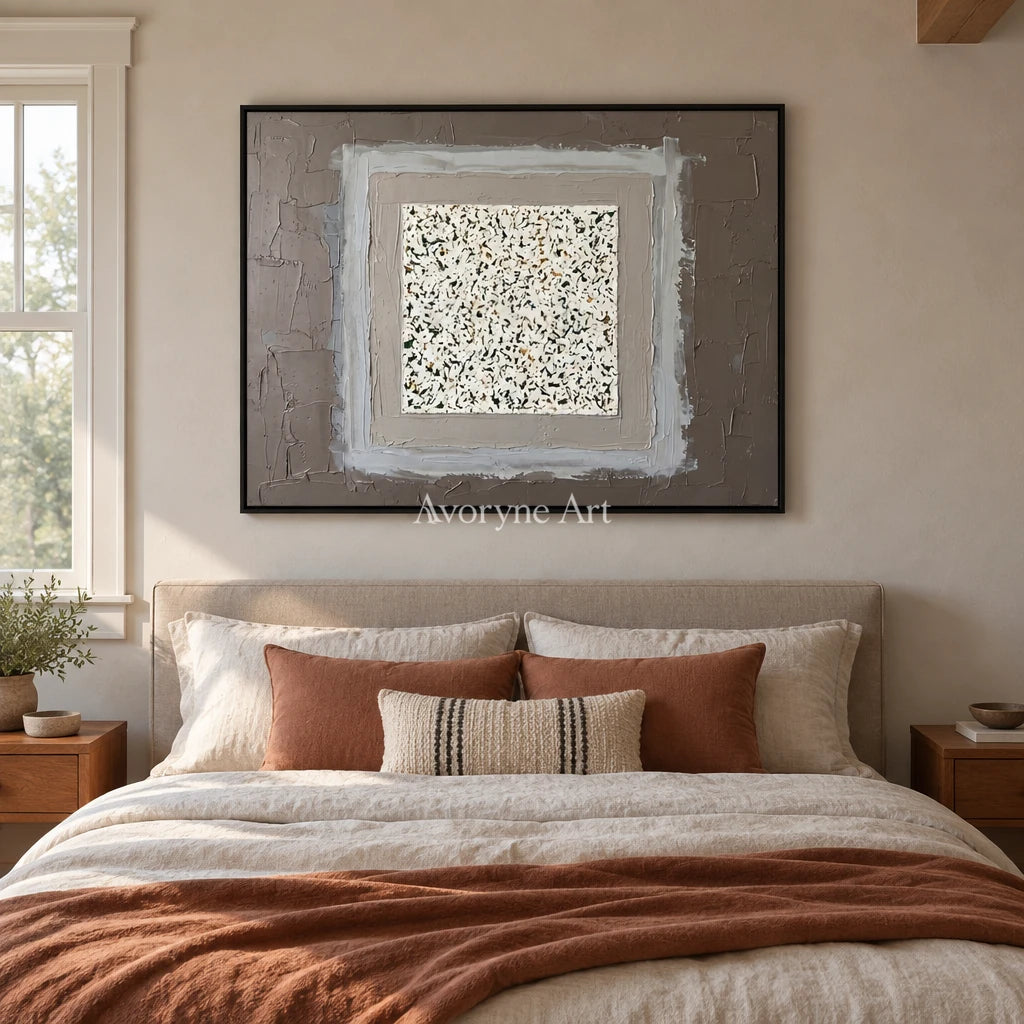 Weathered Drift neutral layered relief wall art with a black frame above a bed in a bedroom