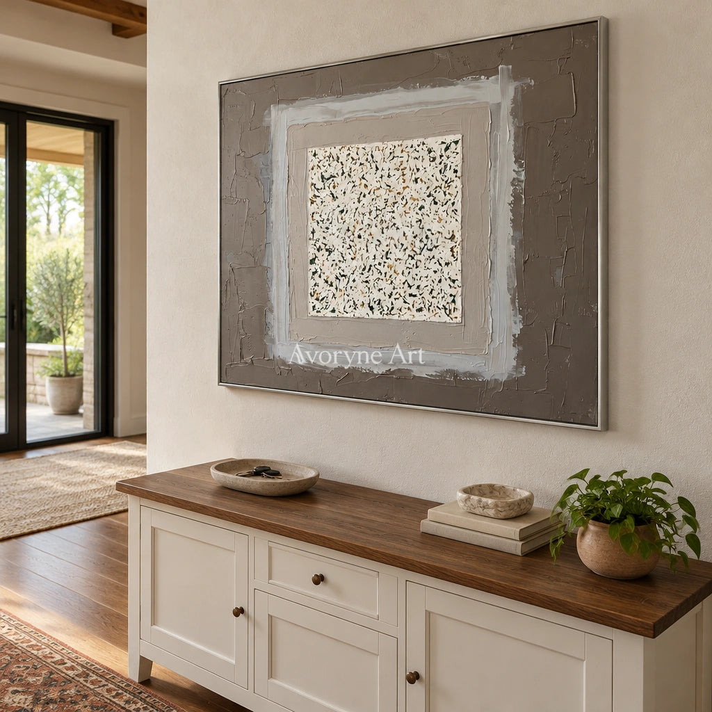 Weathered Drift neutral layered relief wall art with a silver frame in an entryway