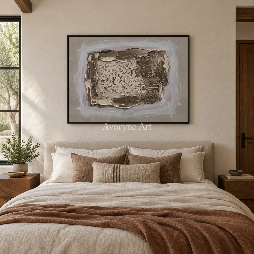 Weathered Reverie neutral layered relief wall art with a black frame above a bed in a bedroom
