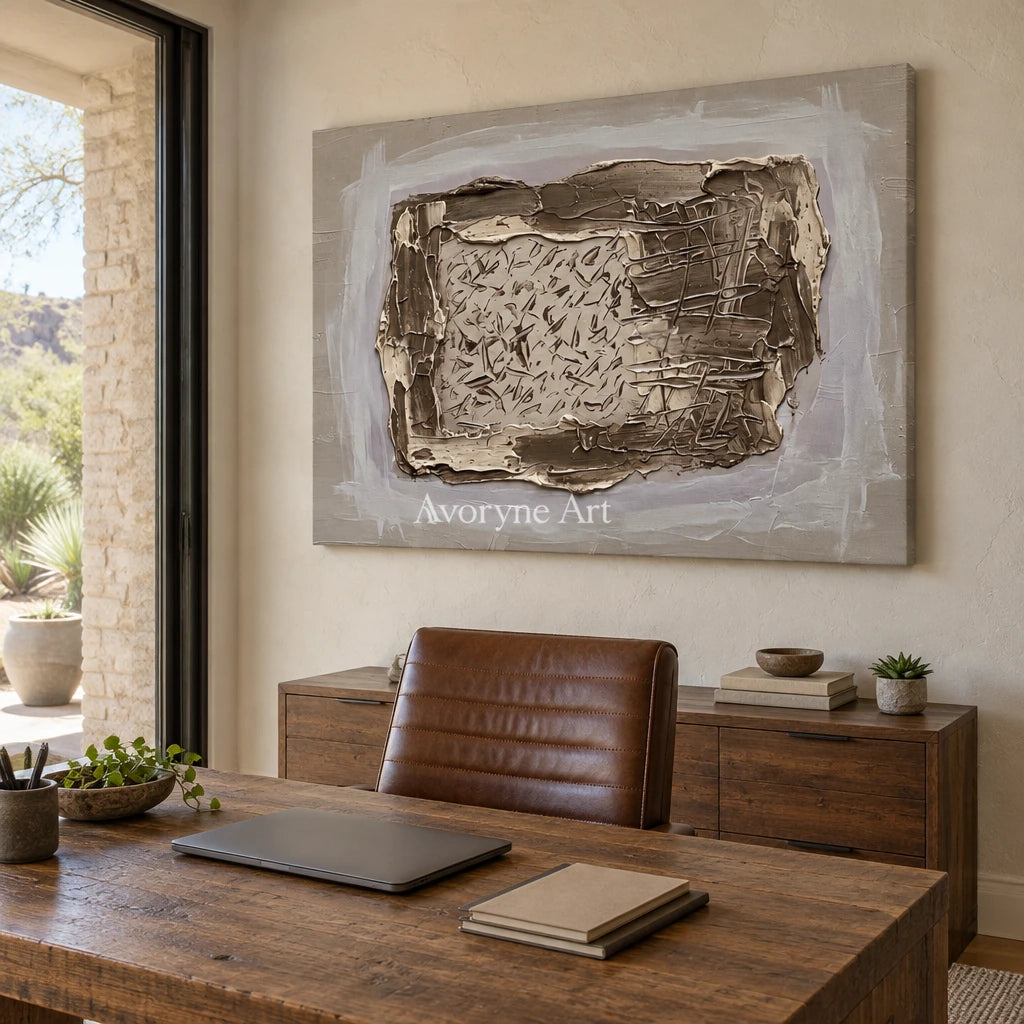 Weathered Reverie neutral layered relief wall art as a frameless stretched canvas in a home office