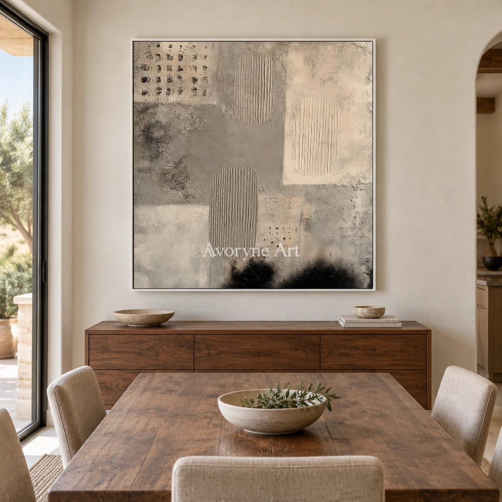 Woven Field neutral mineral texture wall art with a white frame in a dining room