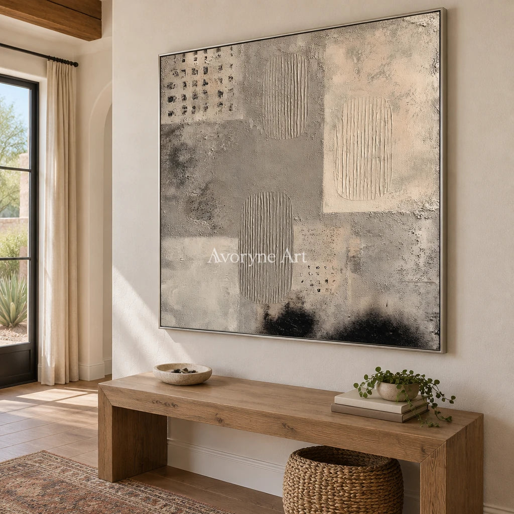 Woven Field neutral mineral texture wall art with a silver frame in an entryway