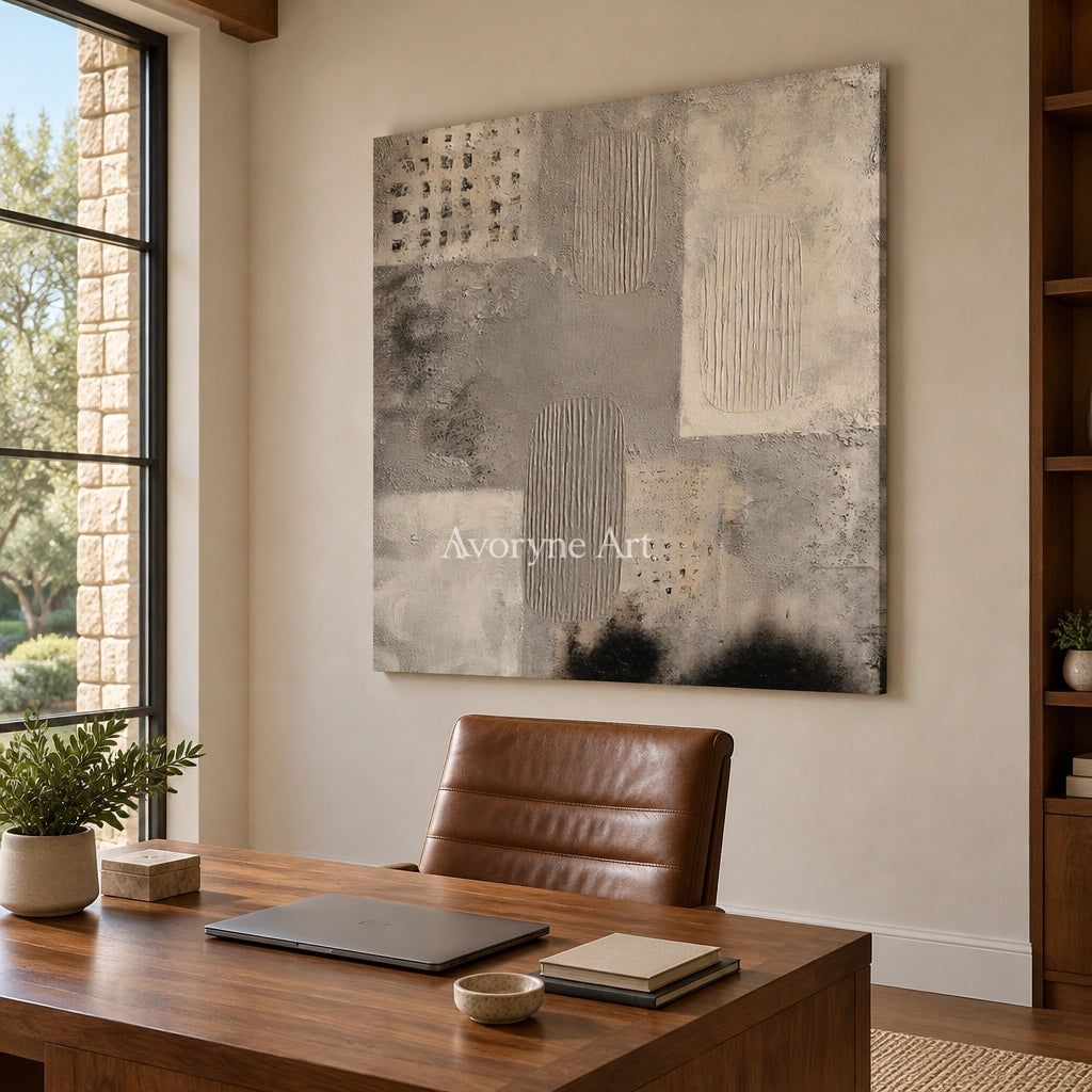 Woven Field neutral mineral texture wall art as a frameless stretched canvas in a home office
