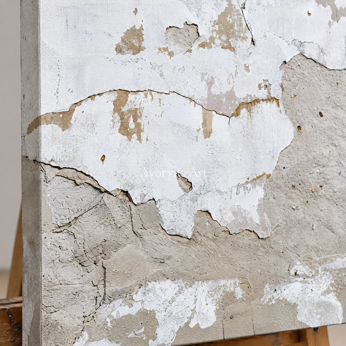 Close-up of the hand-painted texture of Muted Solace neutral mineral texture diptych on an easel