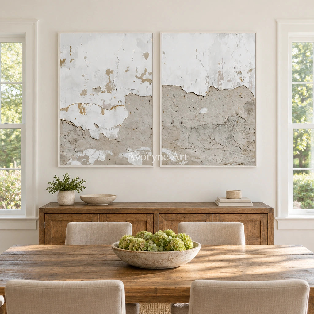 Muted Solace neutral mineral texture diptych with a white frame in a dining room