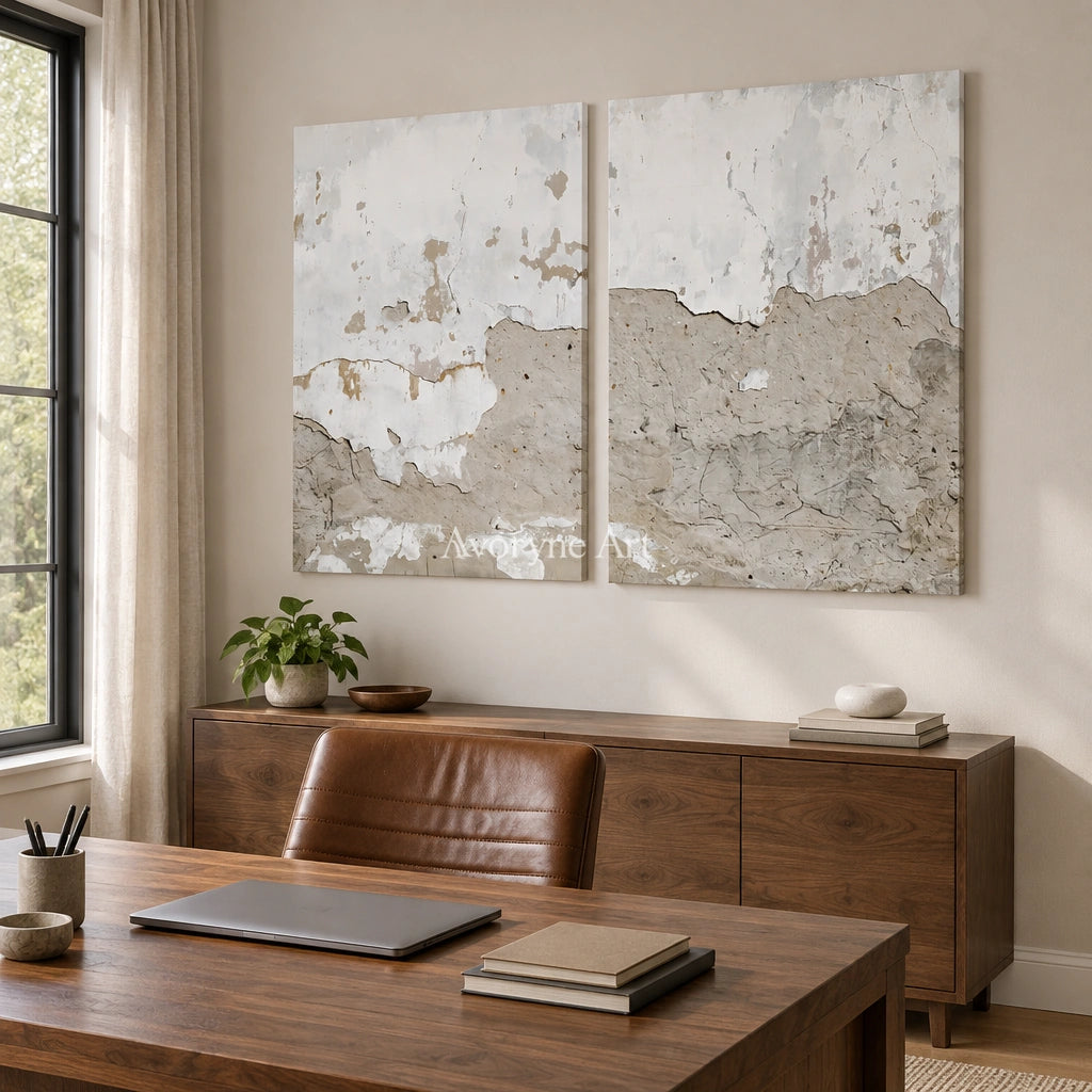 Muted Solace neutral mineral texture diptych as a frameless stretched canvas in a home office