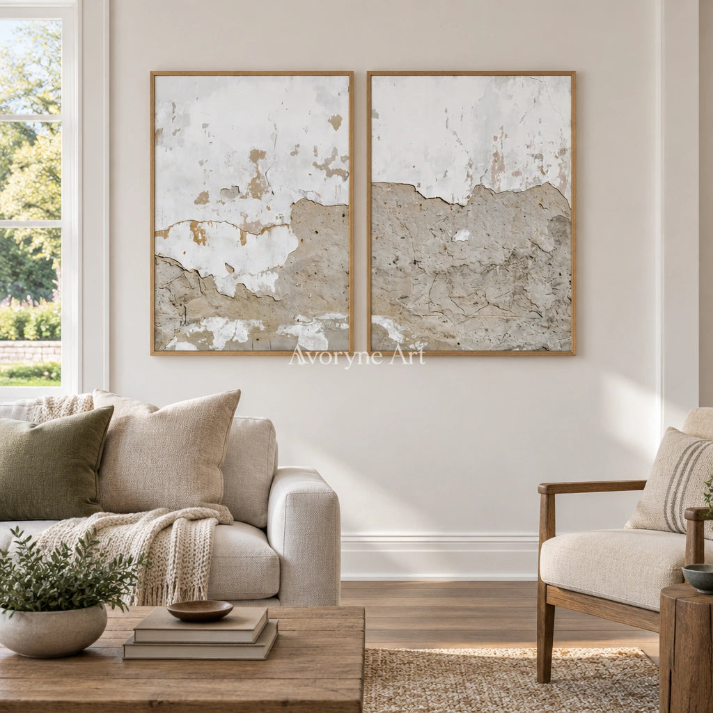 Muted Solace neutral mineral texture diptych with a wood frame in a villa living space