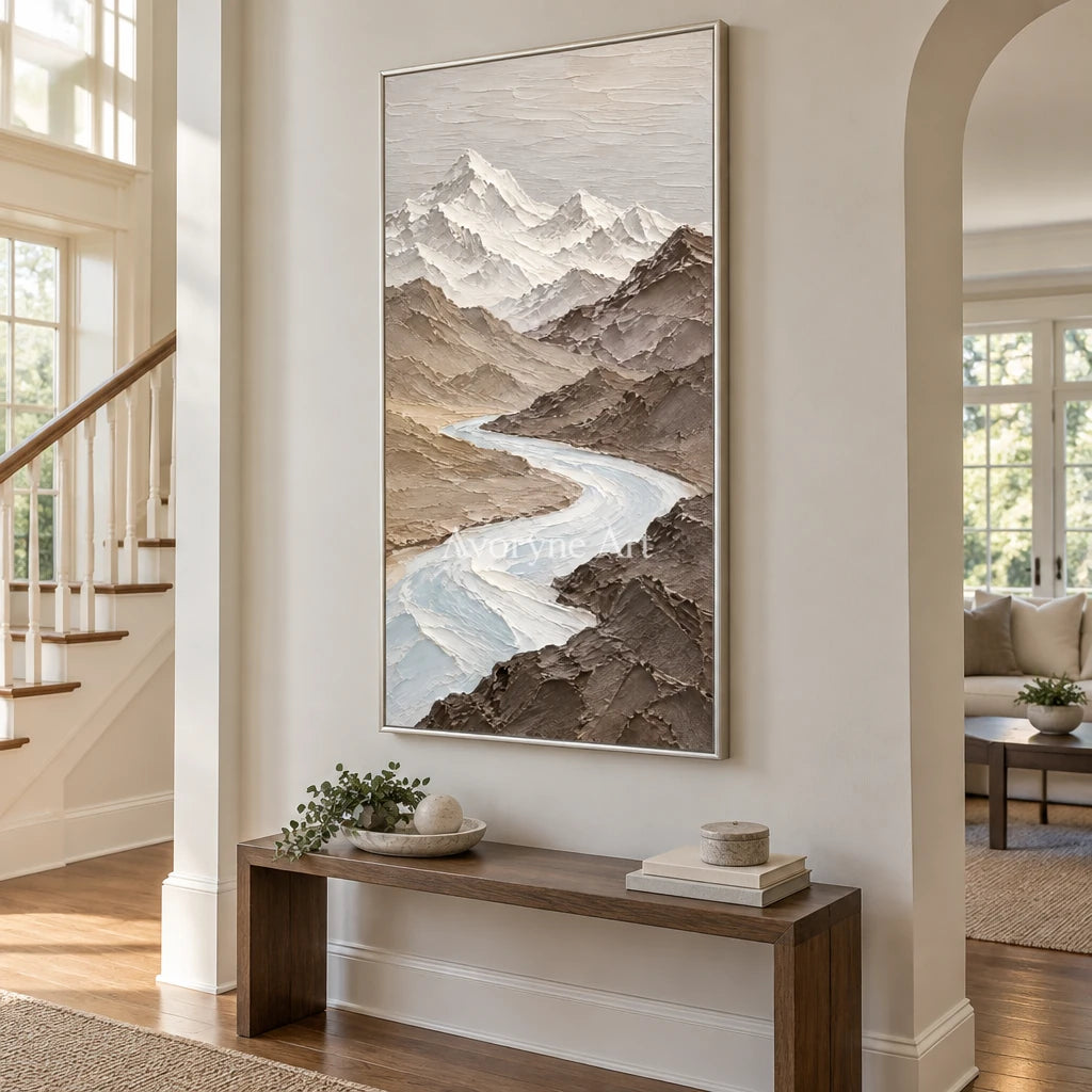 Glacial Passage: Neutral Mountain Valley Wall Art — entry silver