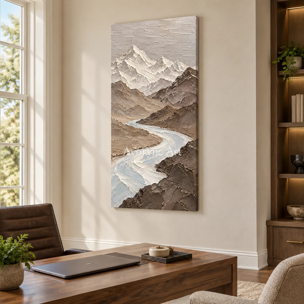 Glacial Passage: Neutral Mountain Valley Wall Art — office frameless