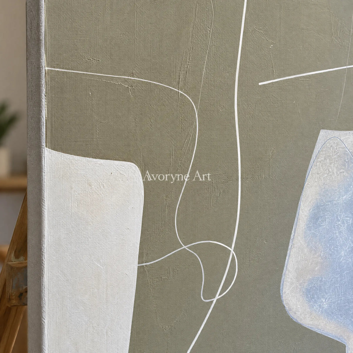 Close-up of the hand-painted texture of Muted Passage neutral organic art triptych on an easel