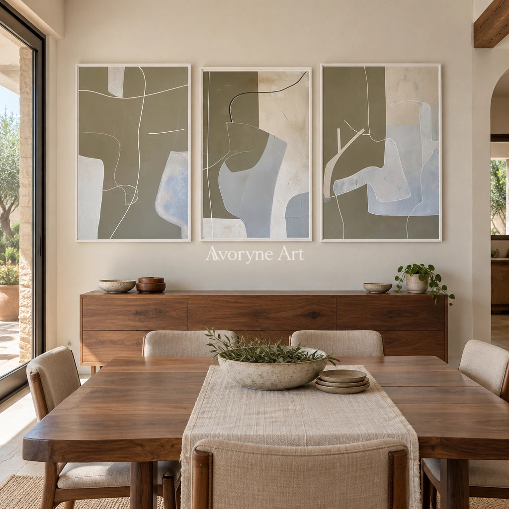 Muted Passage neutral organic art triptych with a white frame in a dining room
