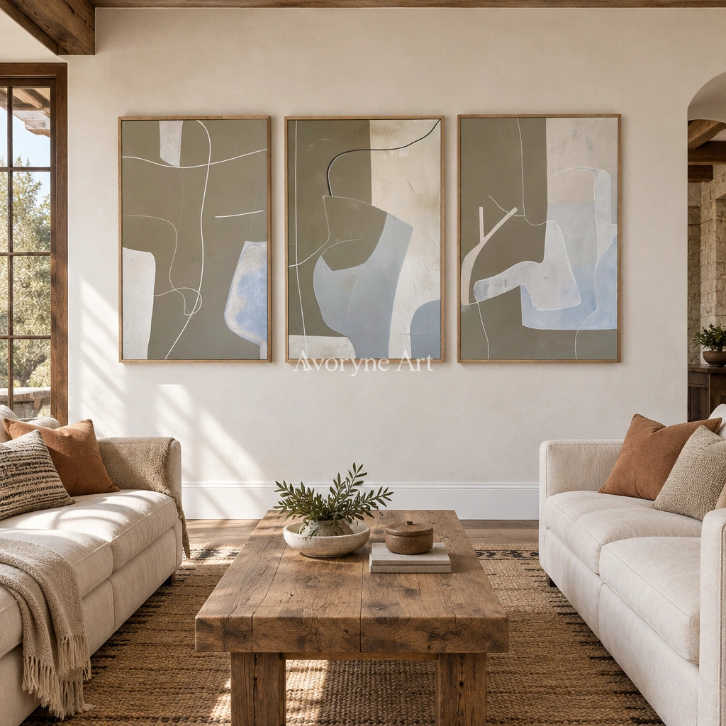 Muted Passage neutral organic art triptych with a wood frame in a villa living space