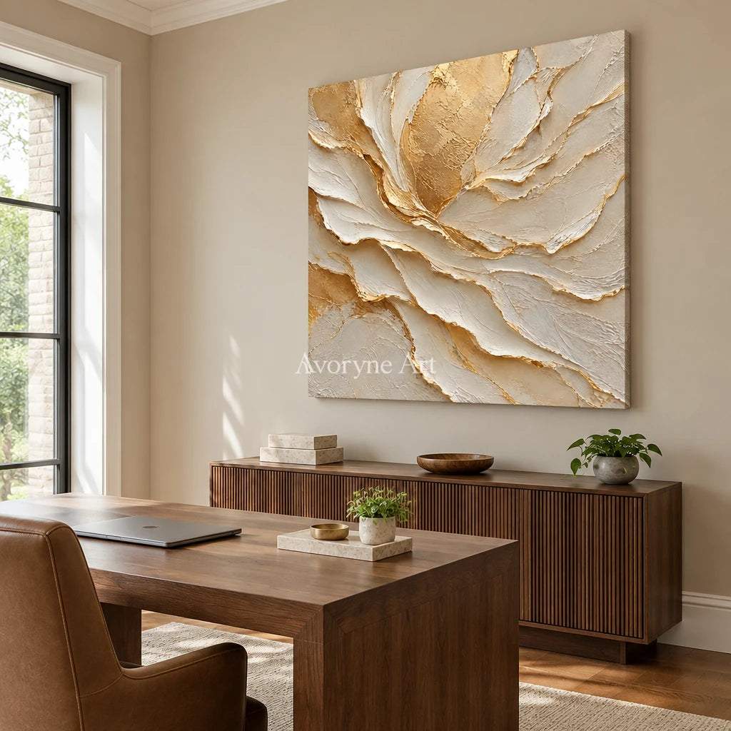 Gilded Fold: Neutral Organic Impasto Wall Art — office frameless