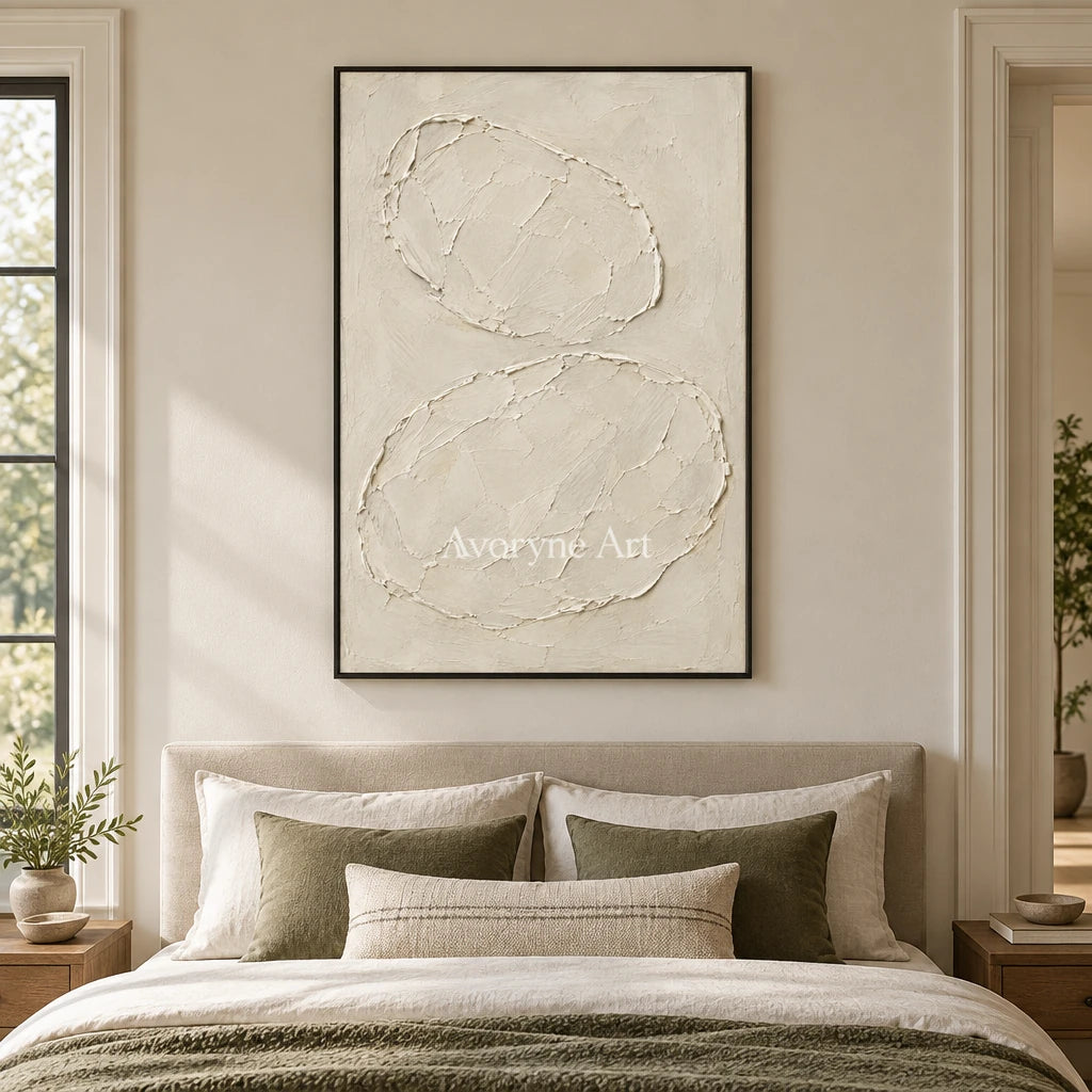 Ivory Orbits: Neutral Oval Texture Wall Art — bedroom black