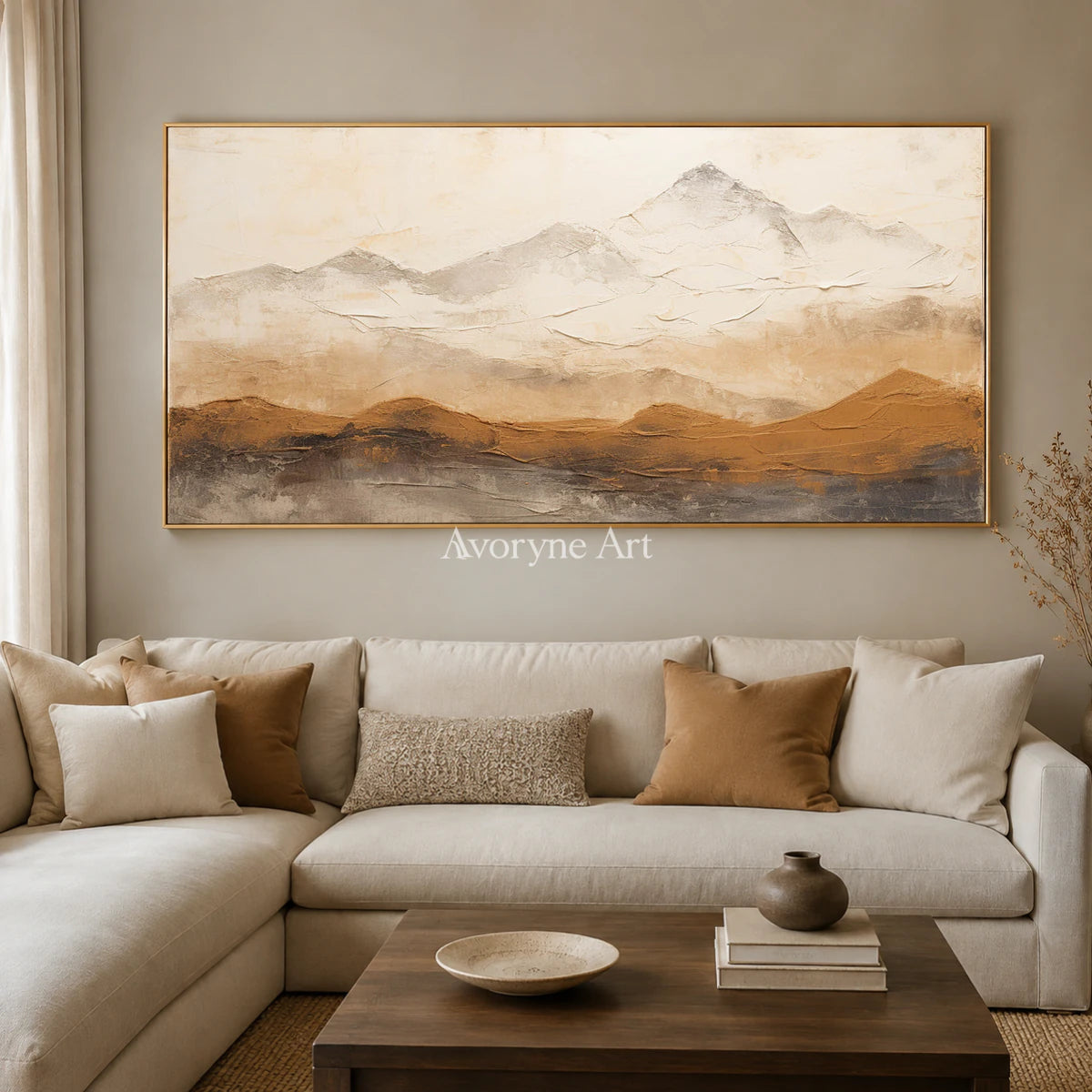 Ochre Distance: Neutral Panoramic Mountain Wall Art — living gold