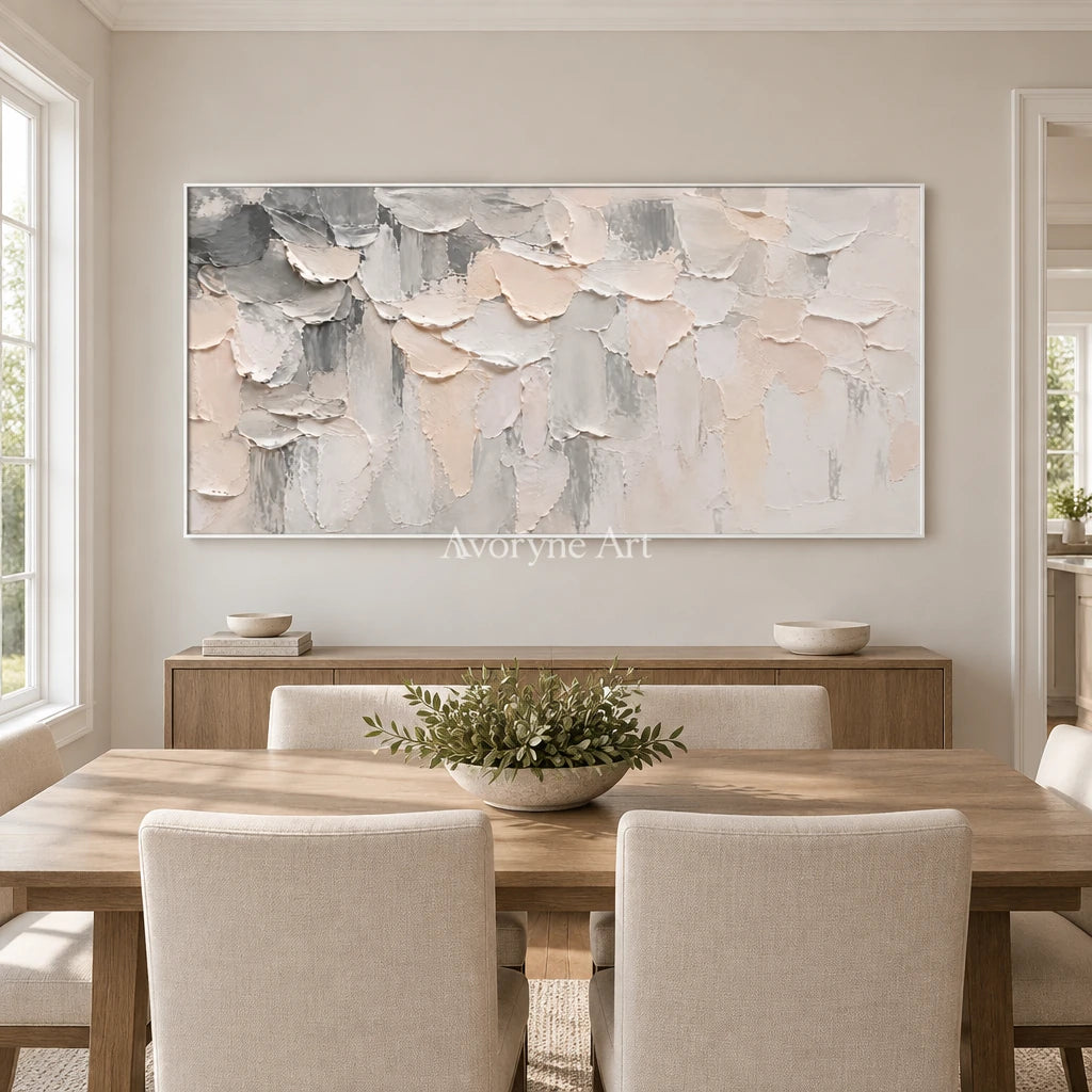 Soft Ledger: Neutral Panoramic Texture Wall Art — dining white