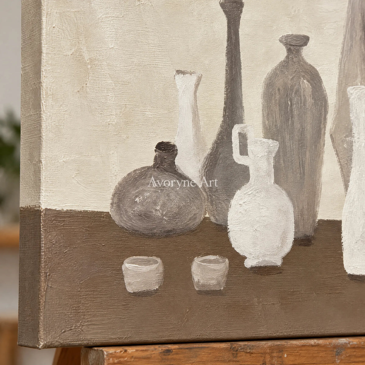 Close-up of the hand-painted texture of Muted Verse neutral pottery art triptych on an easel