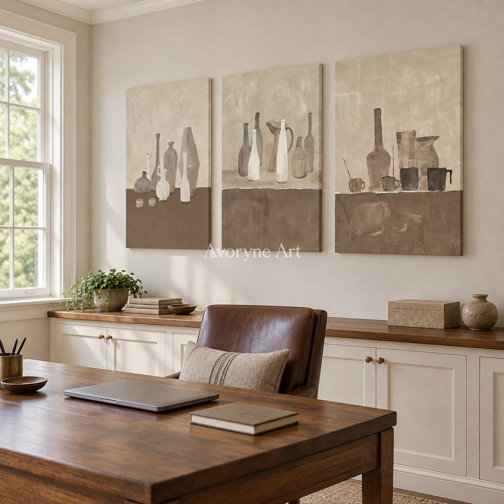 Muted Verse neutral pottery art triptych as a frameless stretched canvas in a home office