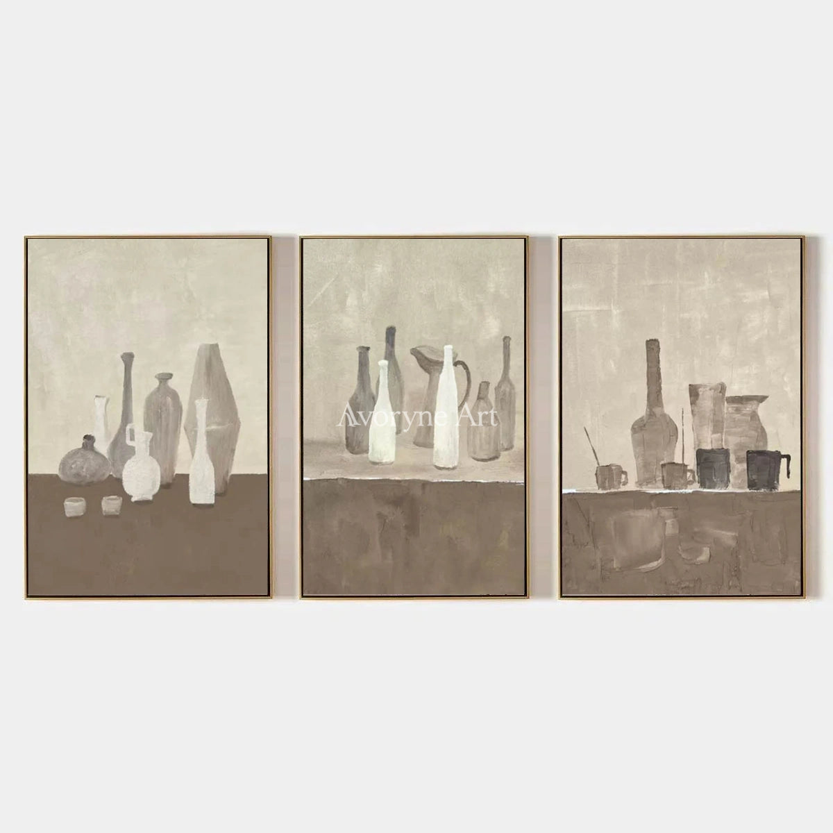 Muted Verse, hand-painted neutral pottery art triptych by Lukas Meyer