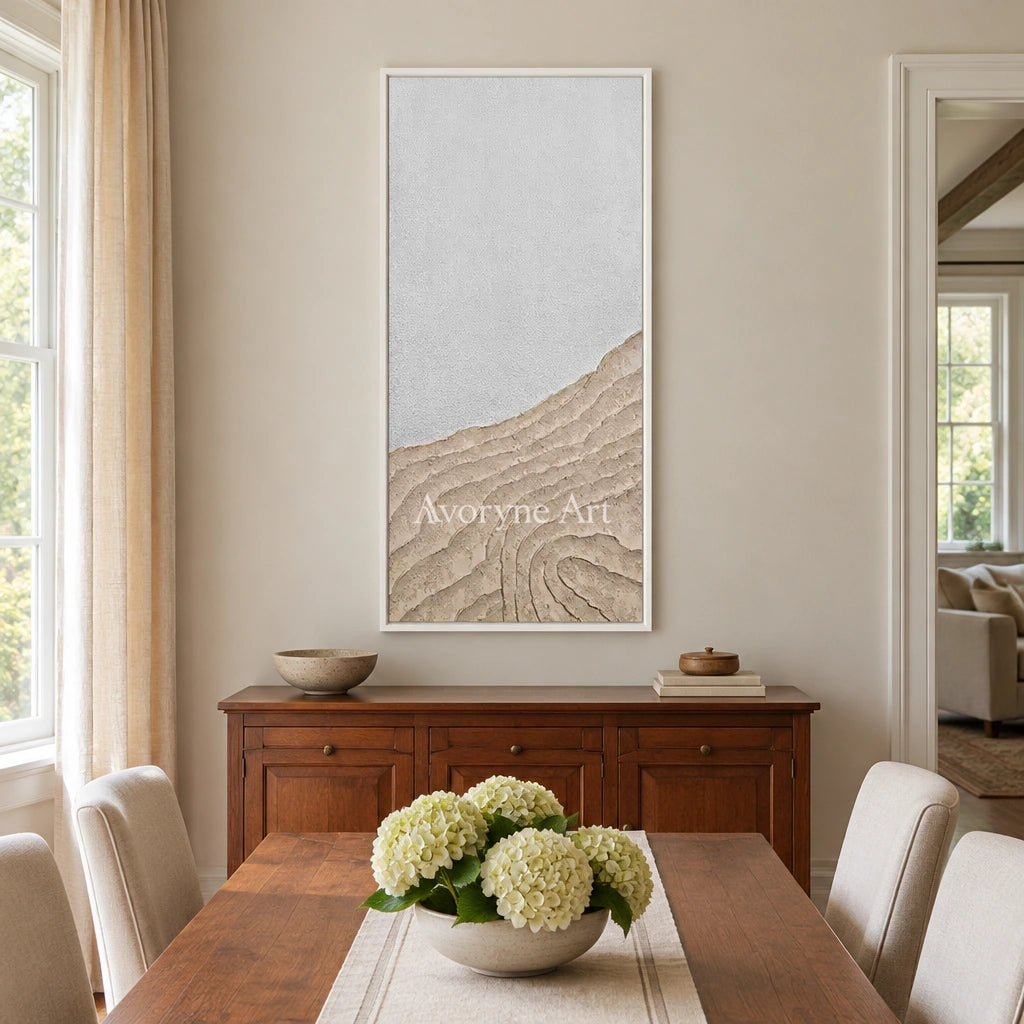 Muted Echo neutral ridge texture wall art with a white frame in a dining room