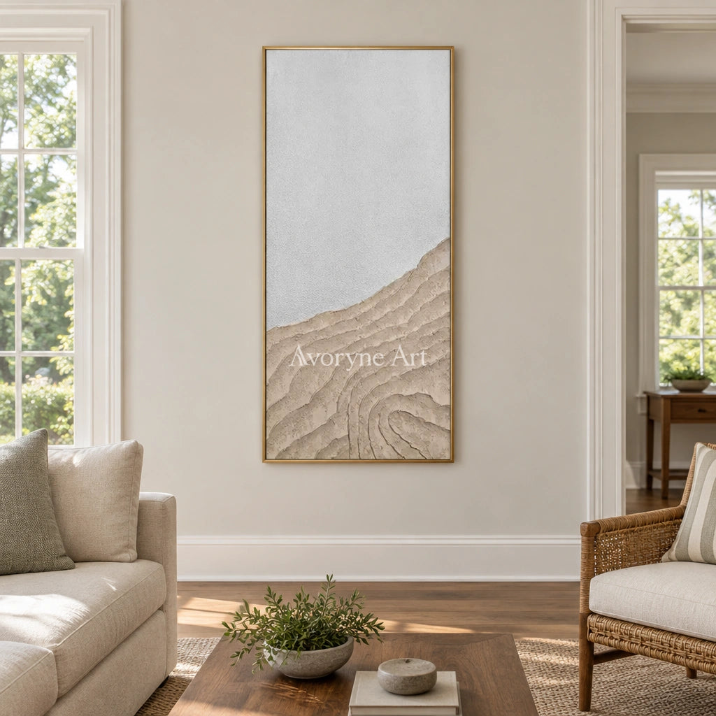 Muted Echo neutral ridge texture wall art with a gold frame hanging in a living room