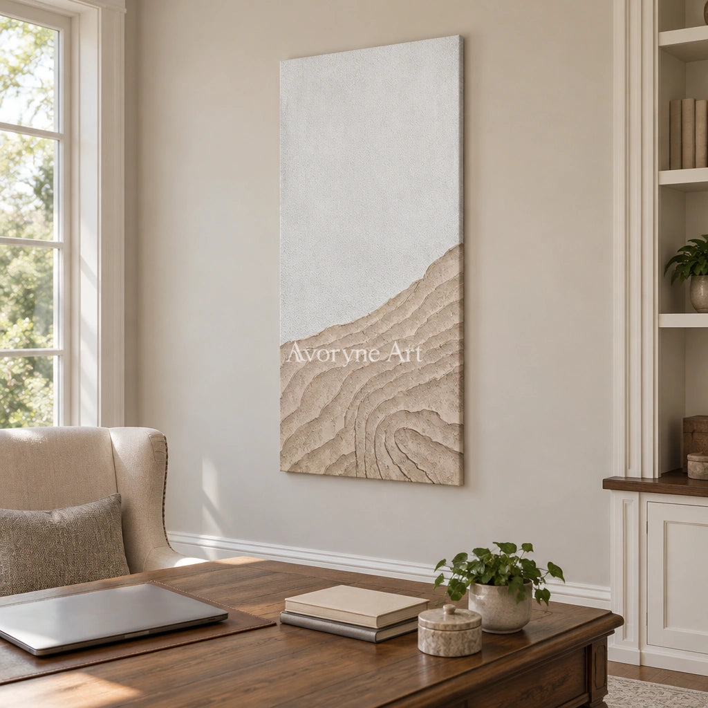 Muted Echo neutral ridge texture wall art as a frameless stretched canvas in a home office