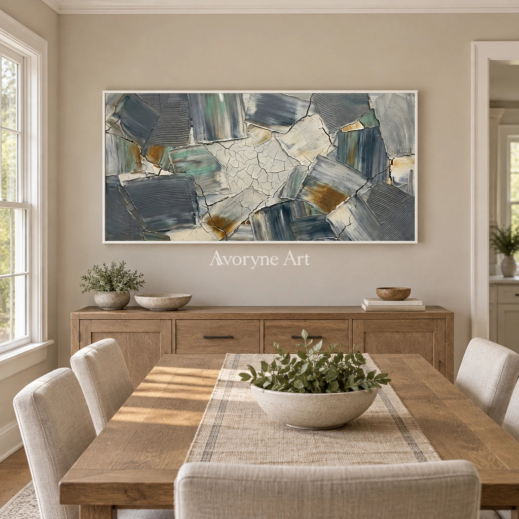 Mineral Gesture neutral texture mosaic wall art with a white frame in a dining room