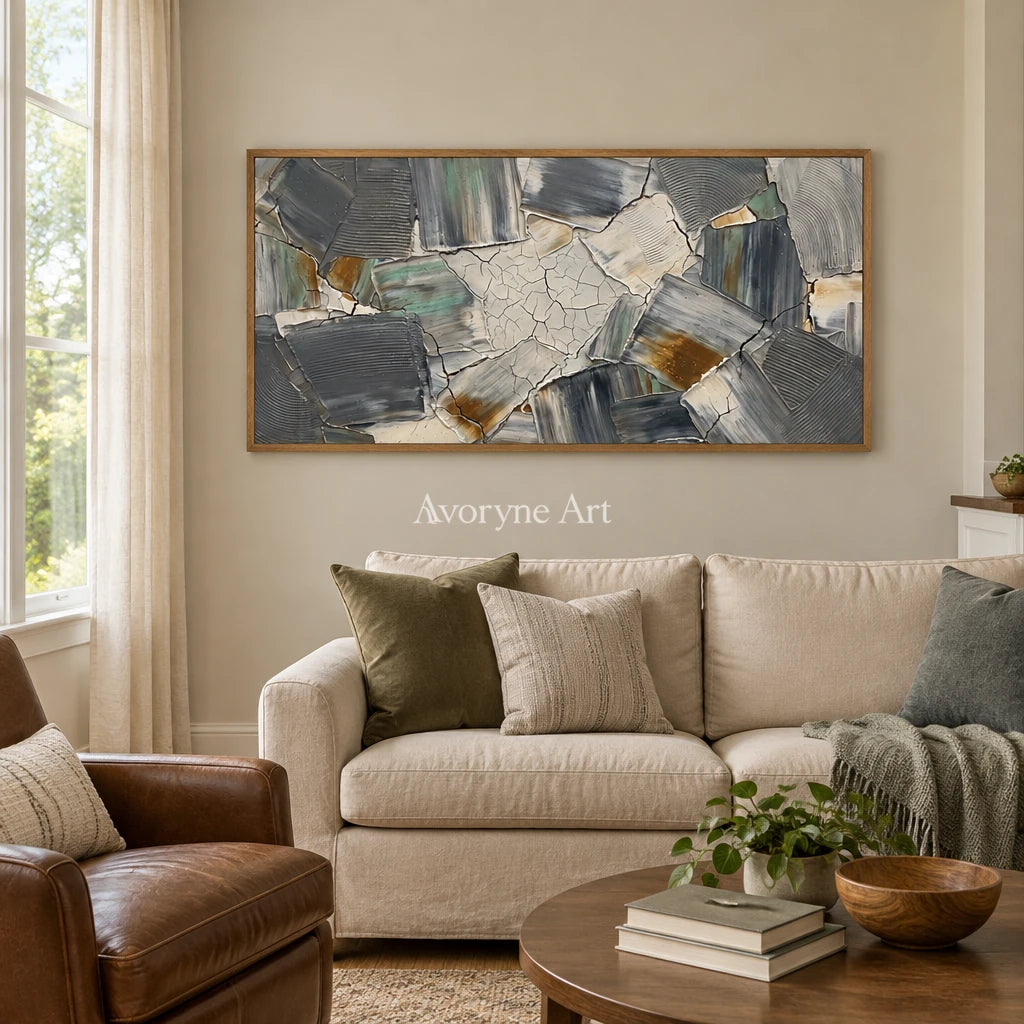 Mineral Gesture neutral texture mosaic wall art with a wood frame in a villa living space