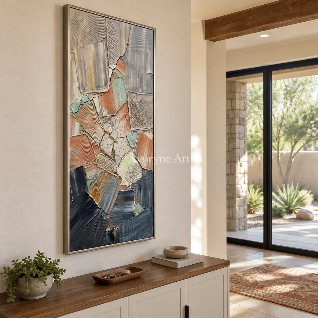 Still Haven neutral texture mosaic wall art with a silver frame in an entryway