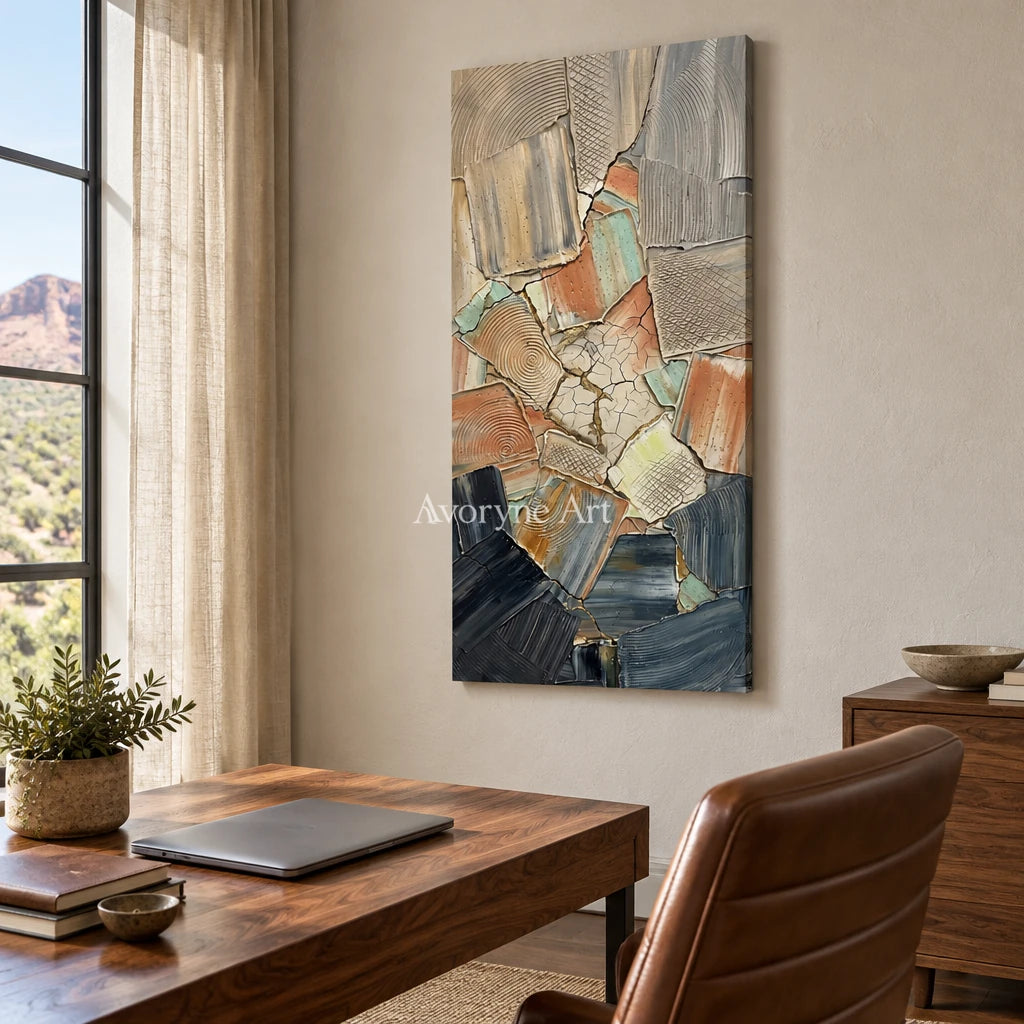 Still Haven neutral texture mosaic wall art as a frameless stretched canvas in a home office