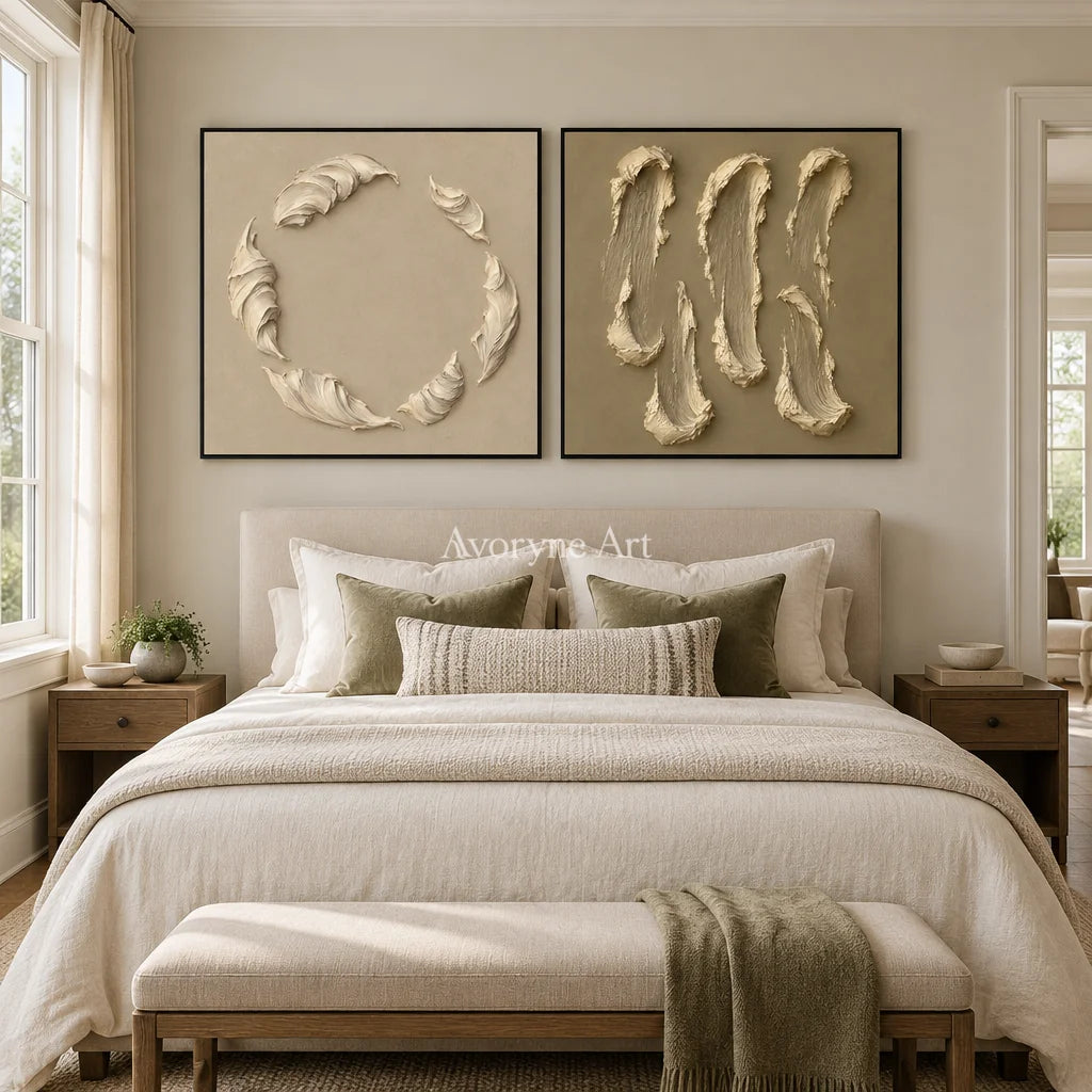 Crescent Pair: Neutral Textured Diptych Art — bedroom black