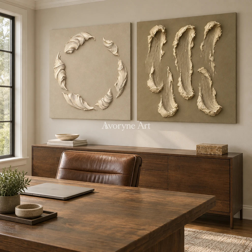 Crescent Pair: Neutral Textured Diptych Art — office frameless