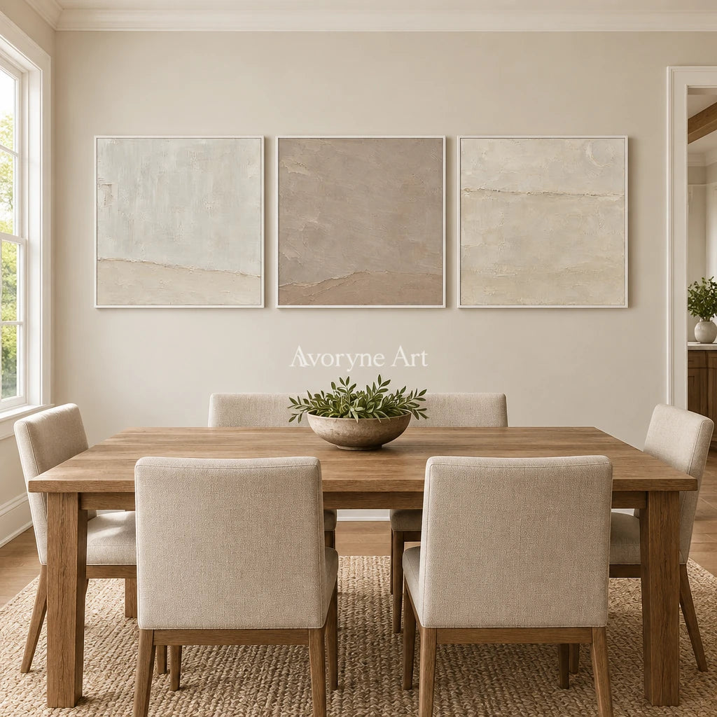 Serein Quiet Strata: Neutral Textured Triptych Art — dining white