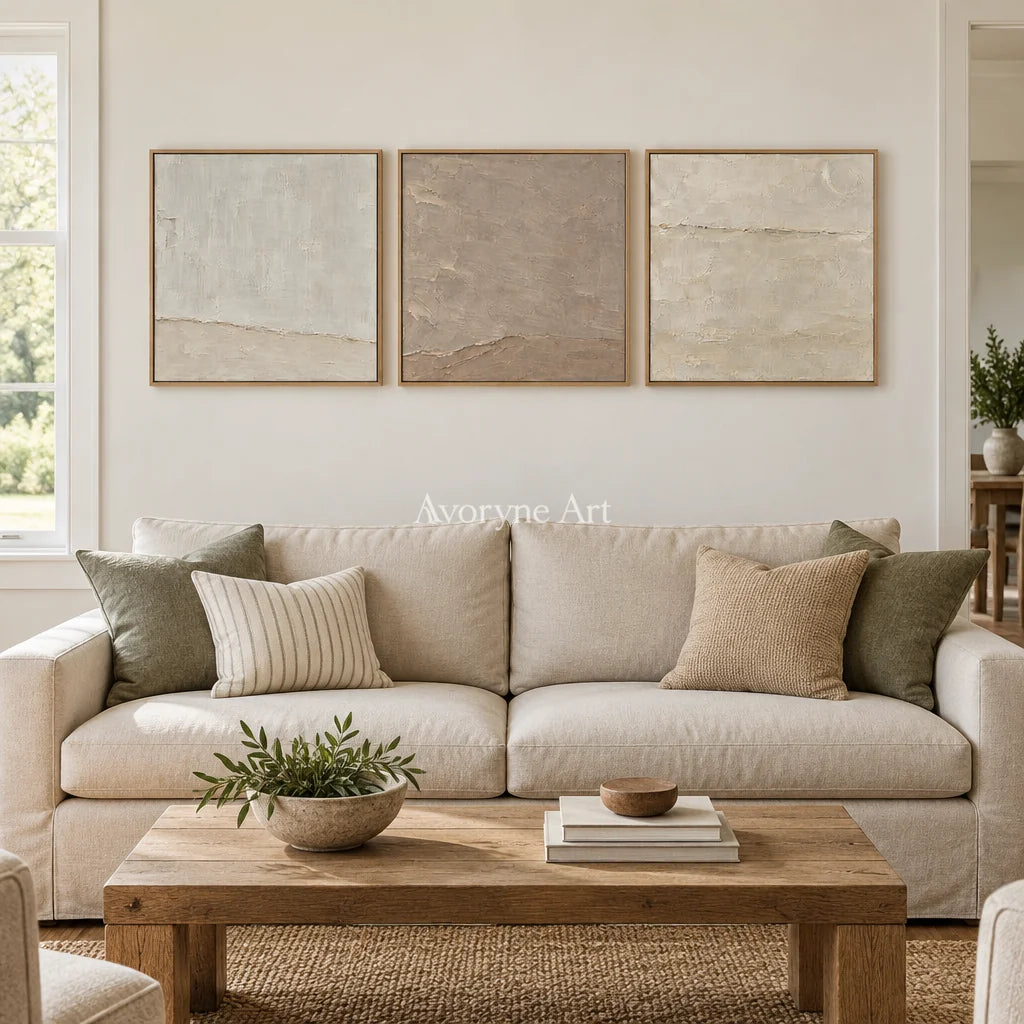 Serein Quiet Strata: Neutral Textured Triptych Art — villa wood