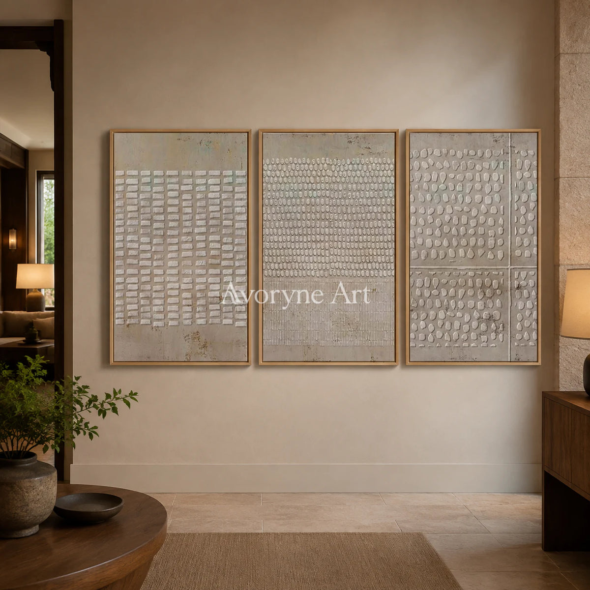Archive of Earth: Neutral Textured Triptych Wall Art - hotel wood frame