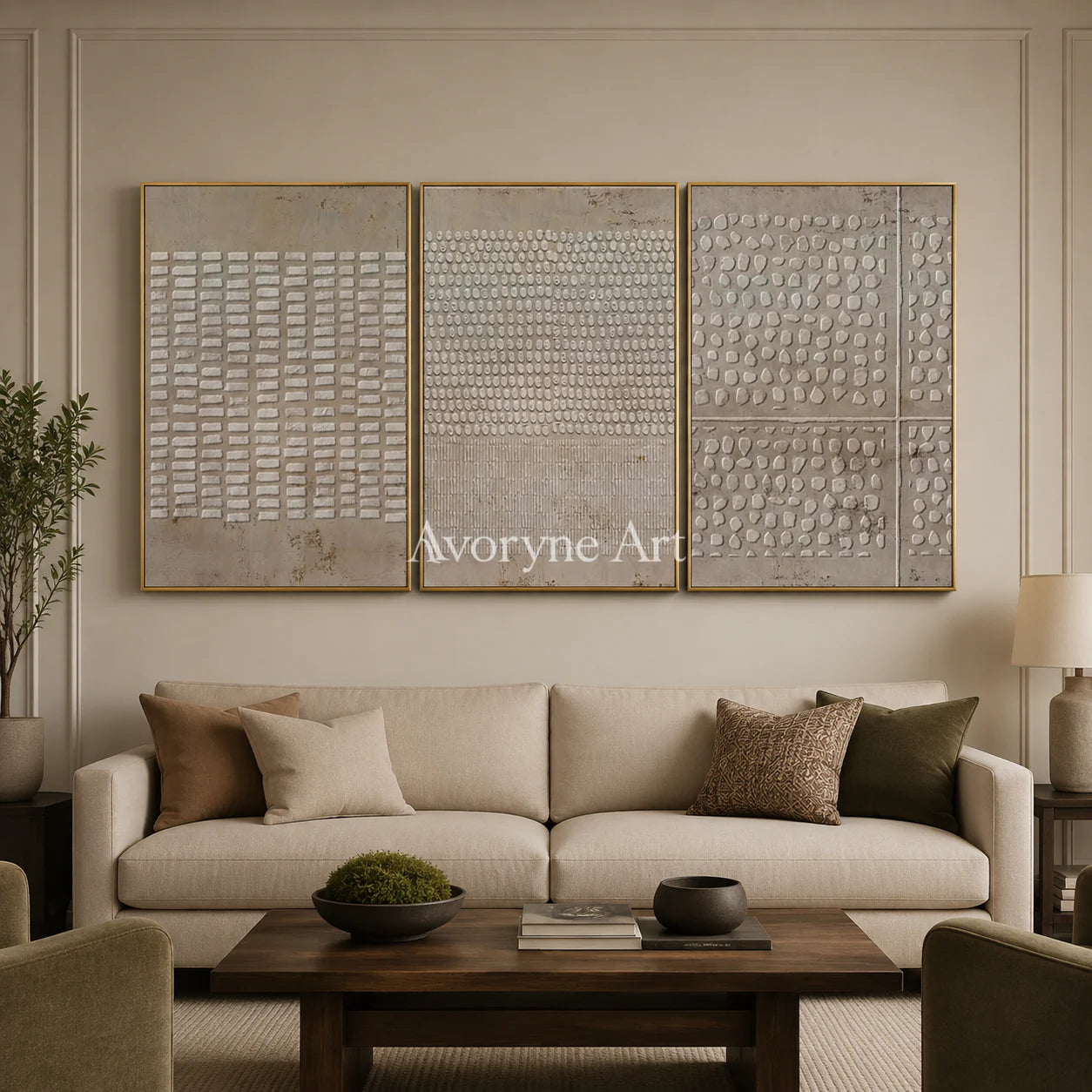 Archive of Earth: Neutral Textured Triptych Wall Art - living room gold frame