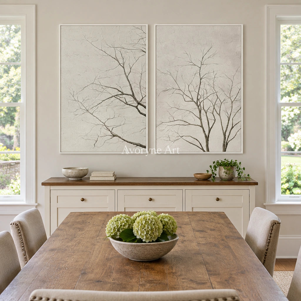Muted Drift neutral tree texture diptych with a white frame in a dining room
