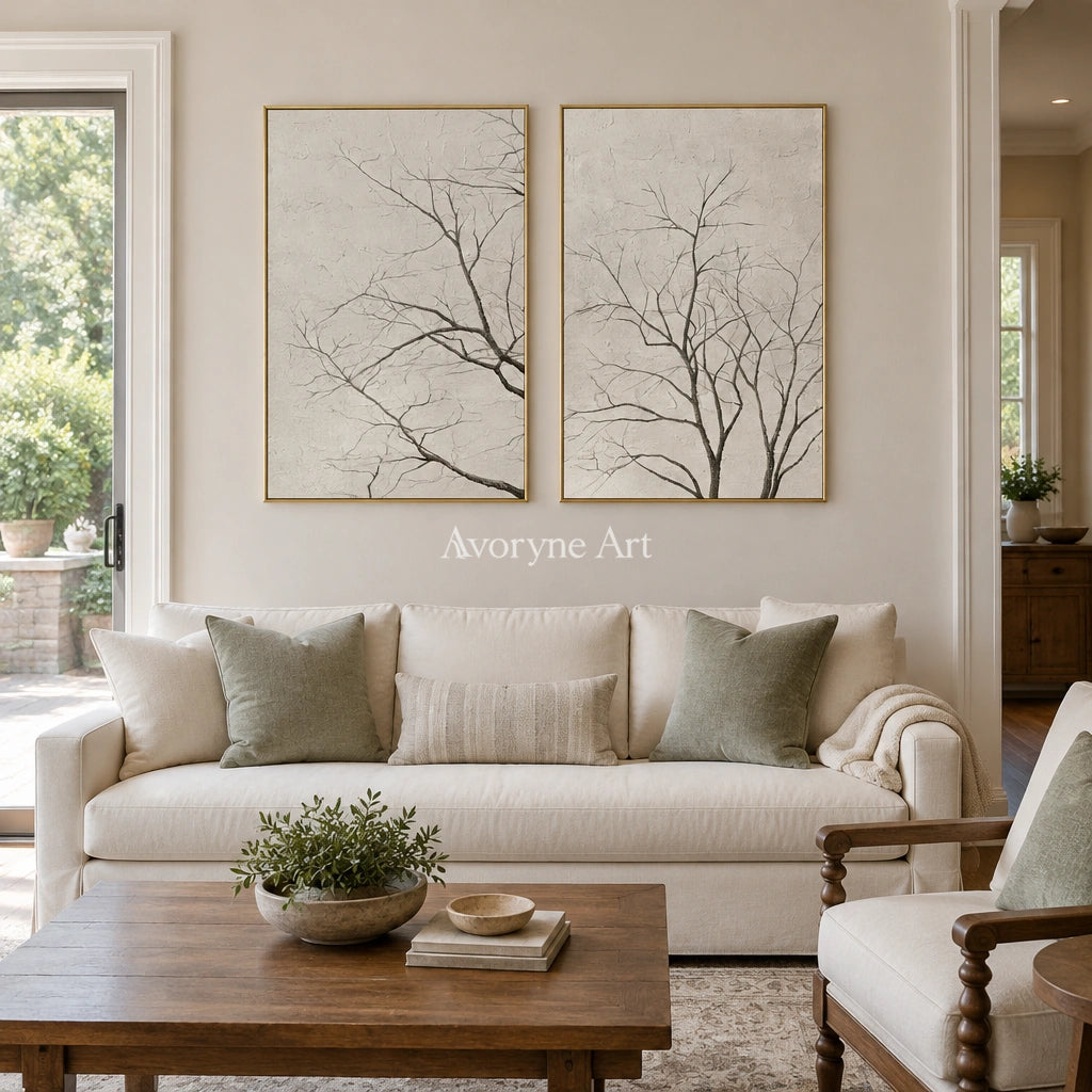 Muted Drift neutral tree texture diptych with a gold frame hanging in a living room