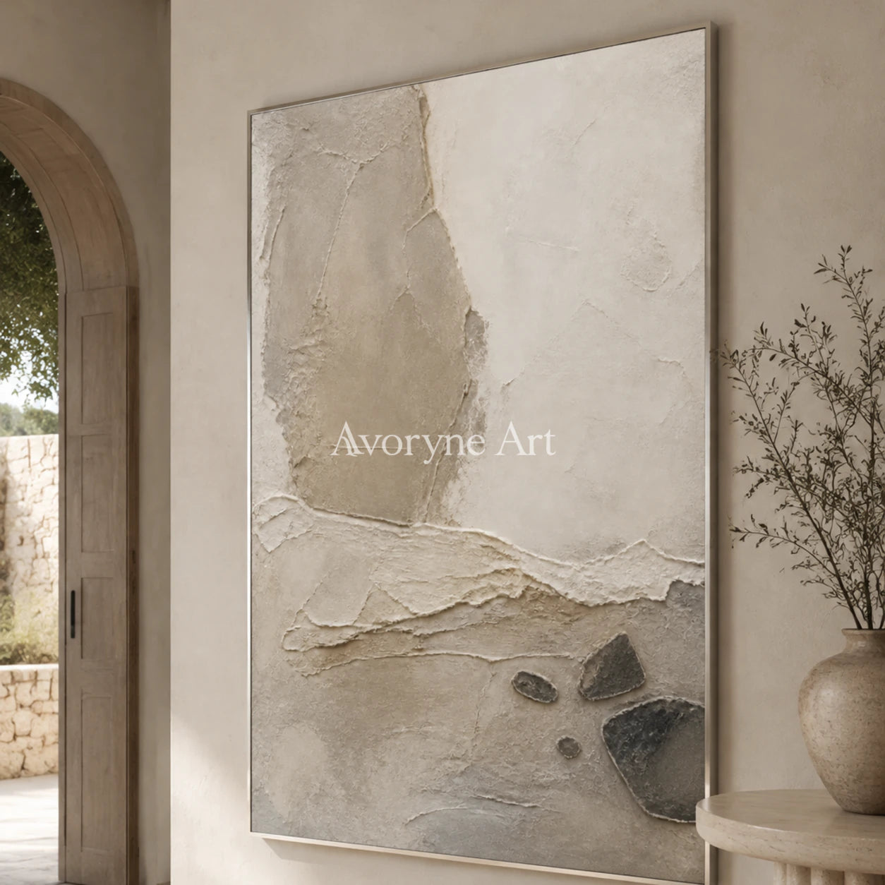 Stone Horizon: Neutral Wabi-Sabi Textured Wall Art - entryway silver frame
