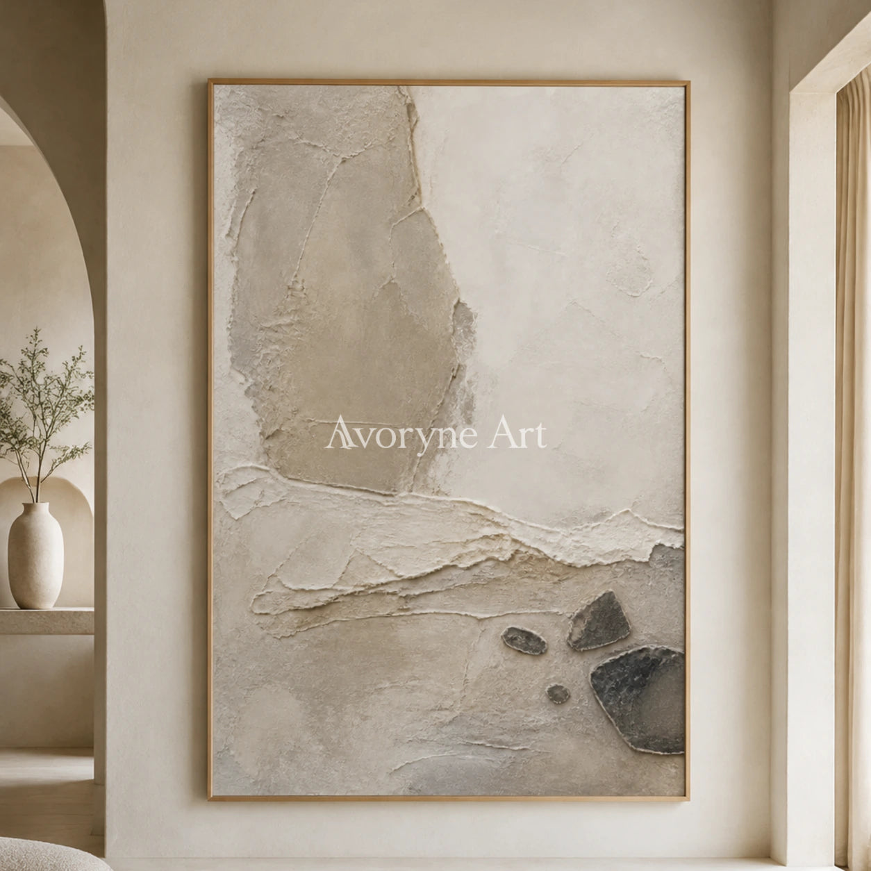 Stone Horizon: Neutral Wabi-Sabi Textured Wall Art - hotel wood frame