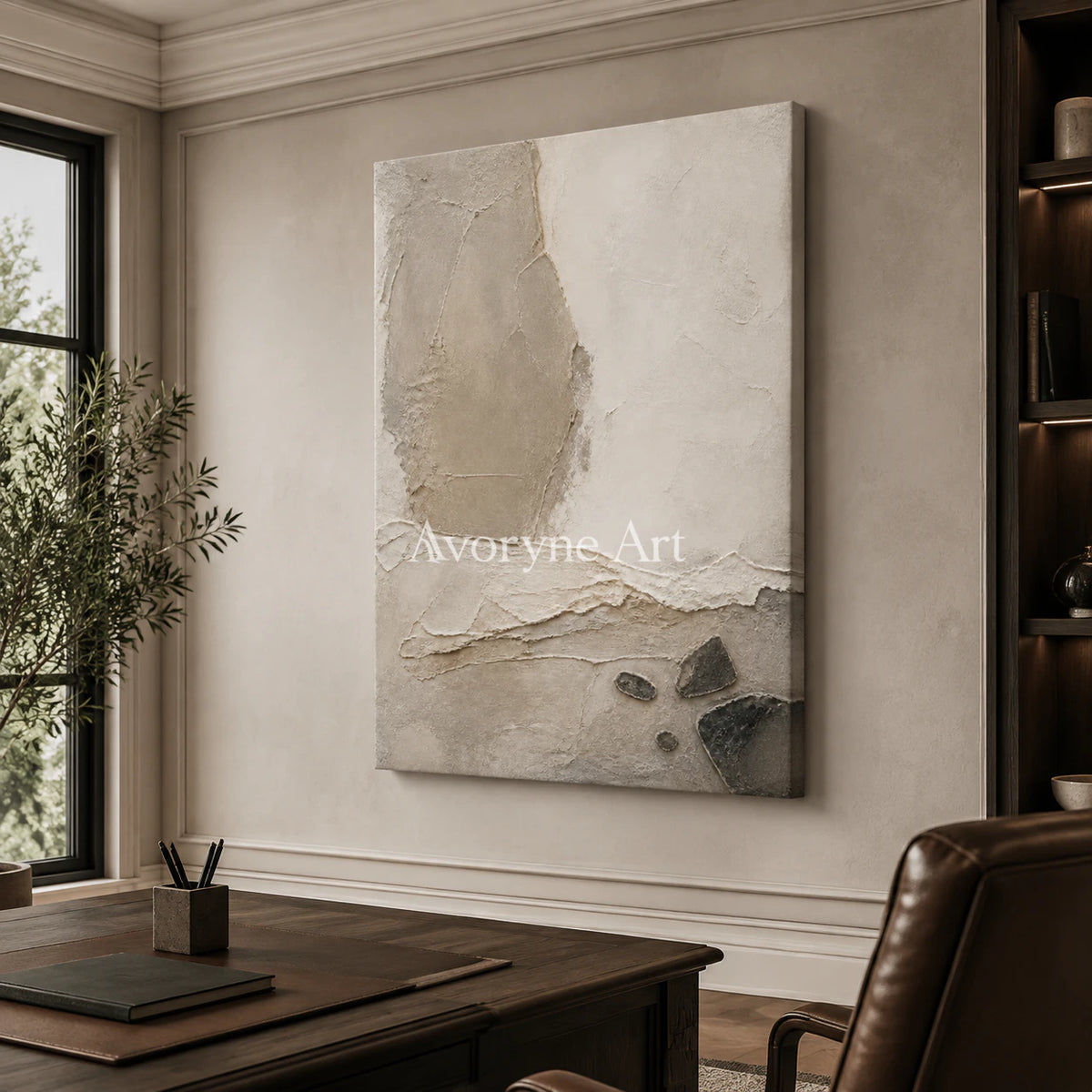 Stone Horizon: Neutral Wabi-Sabi Textured Wall Art - office frameless