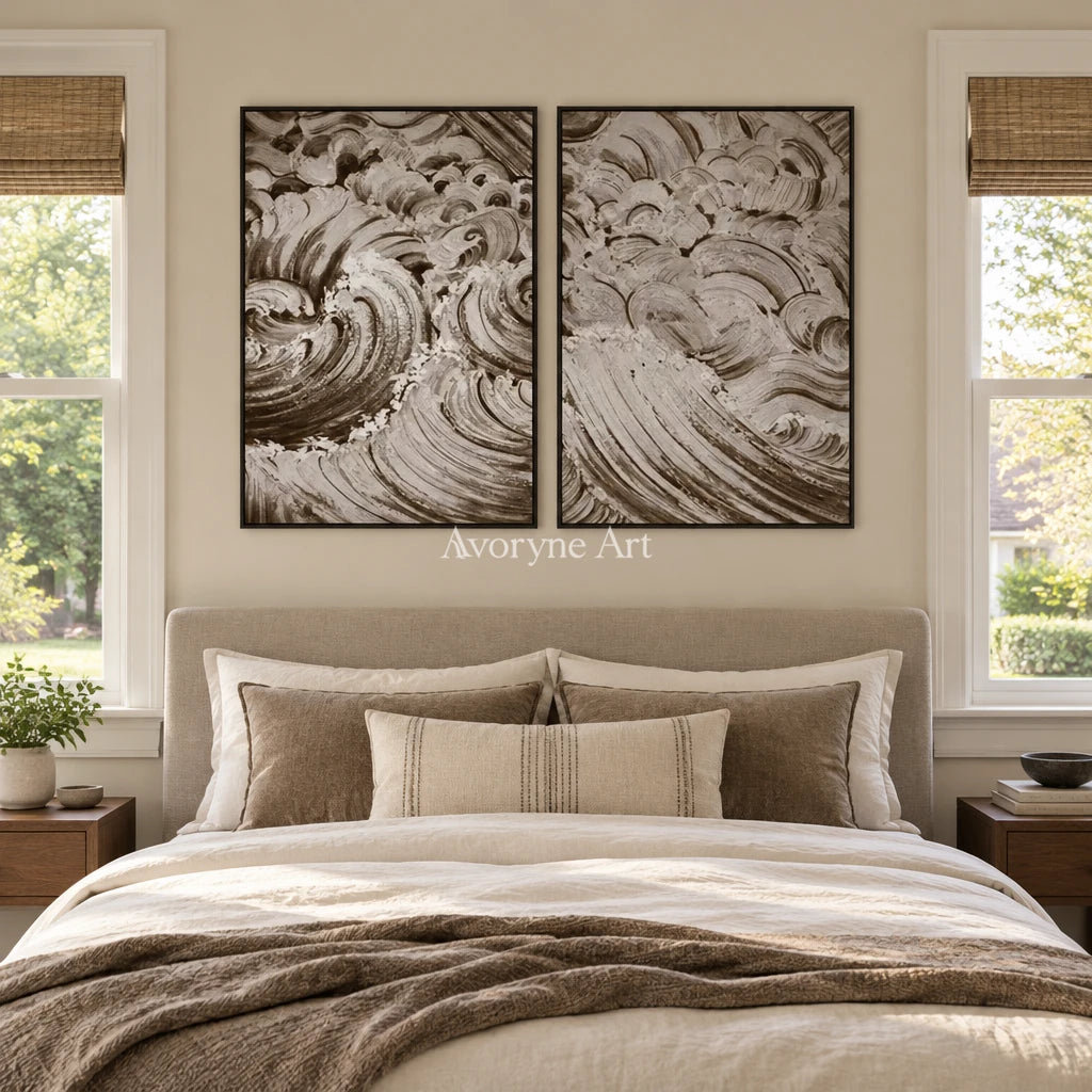 Muted Interval neutral wave relief diptych with a black frame above a bed in a bedroom