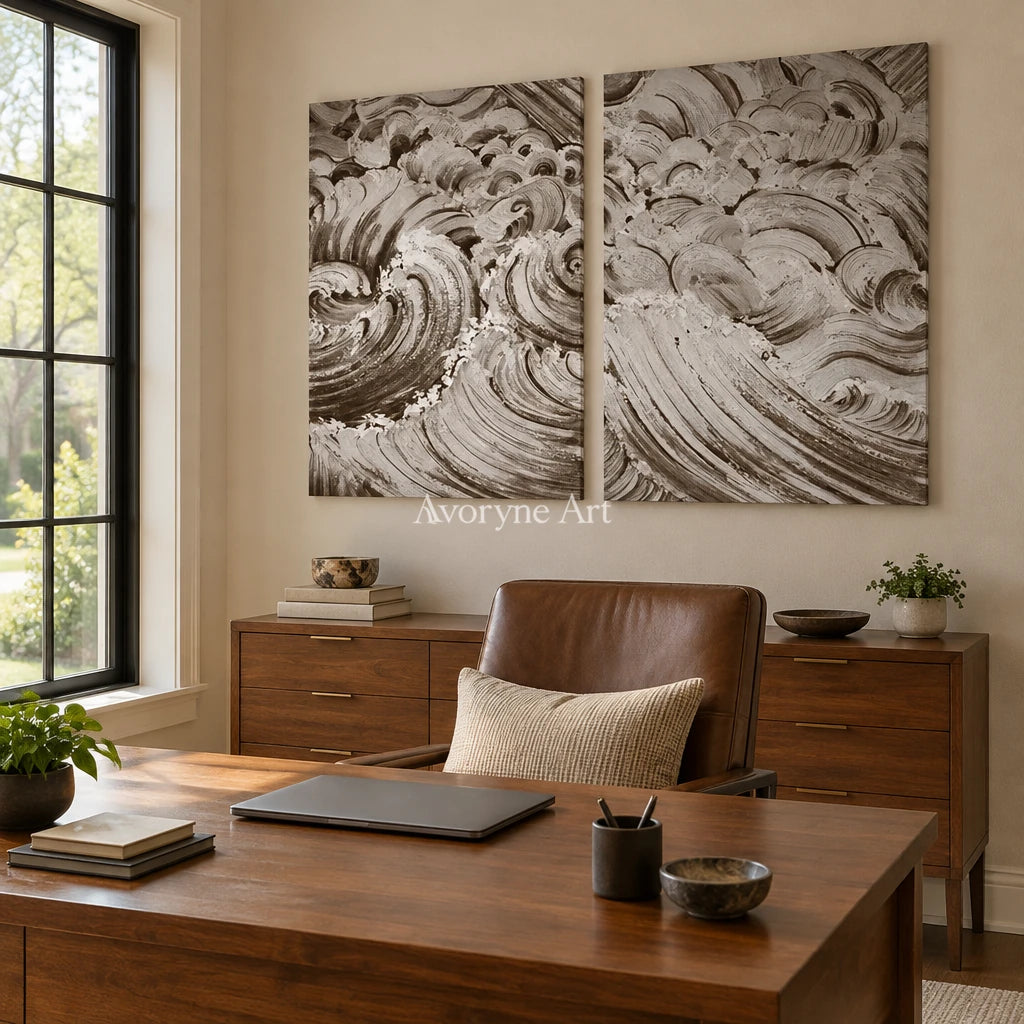 Muted Interval neutral wave relief diptych as a frameless stretched canvas in a home office