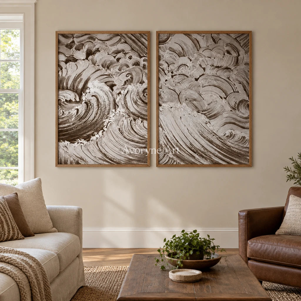 Muted Interval neutral wave relief diptych with a wood frame in a villa living space
