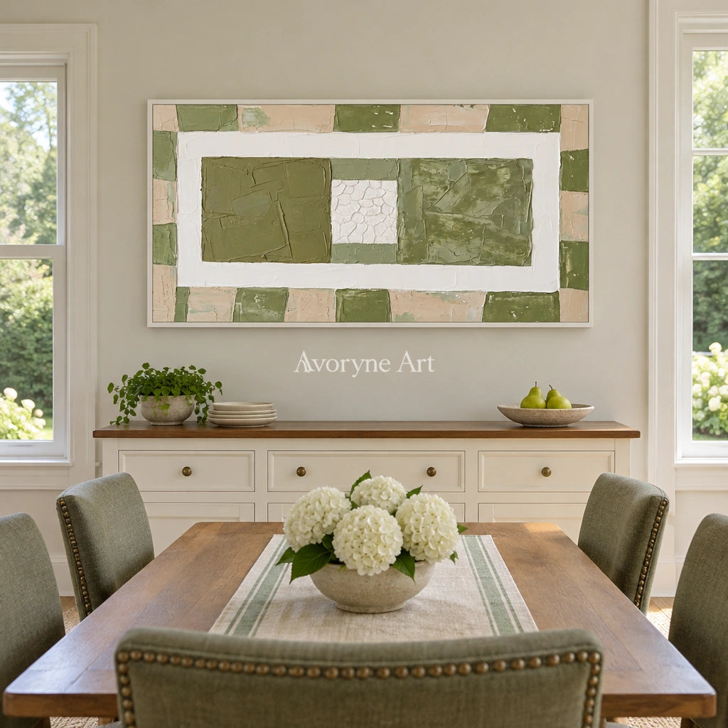 Soft Measure olive ivory grid wall art with a white frame in a dining room