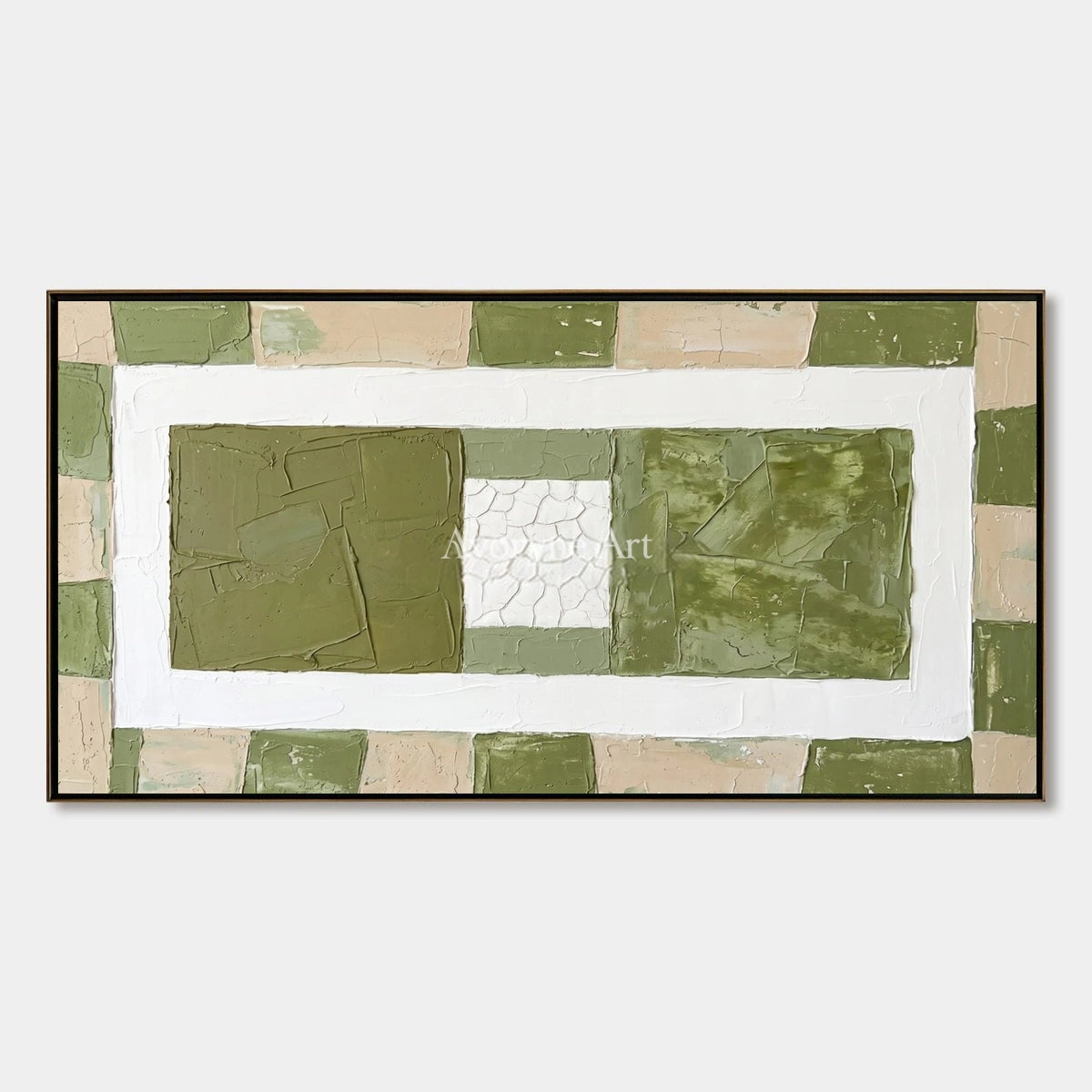 Soft Measure, hand-painted olive ivory grid wall art by Lin Qiao