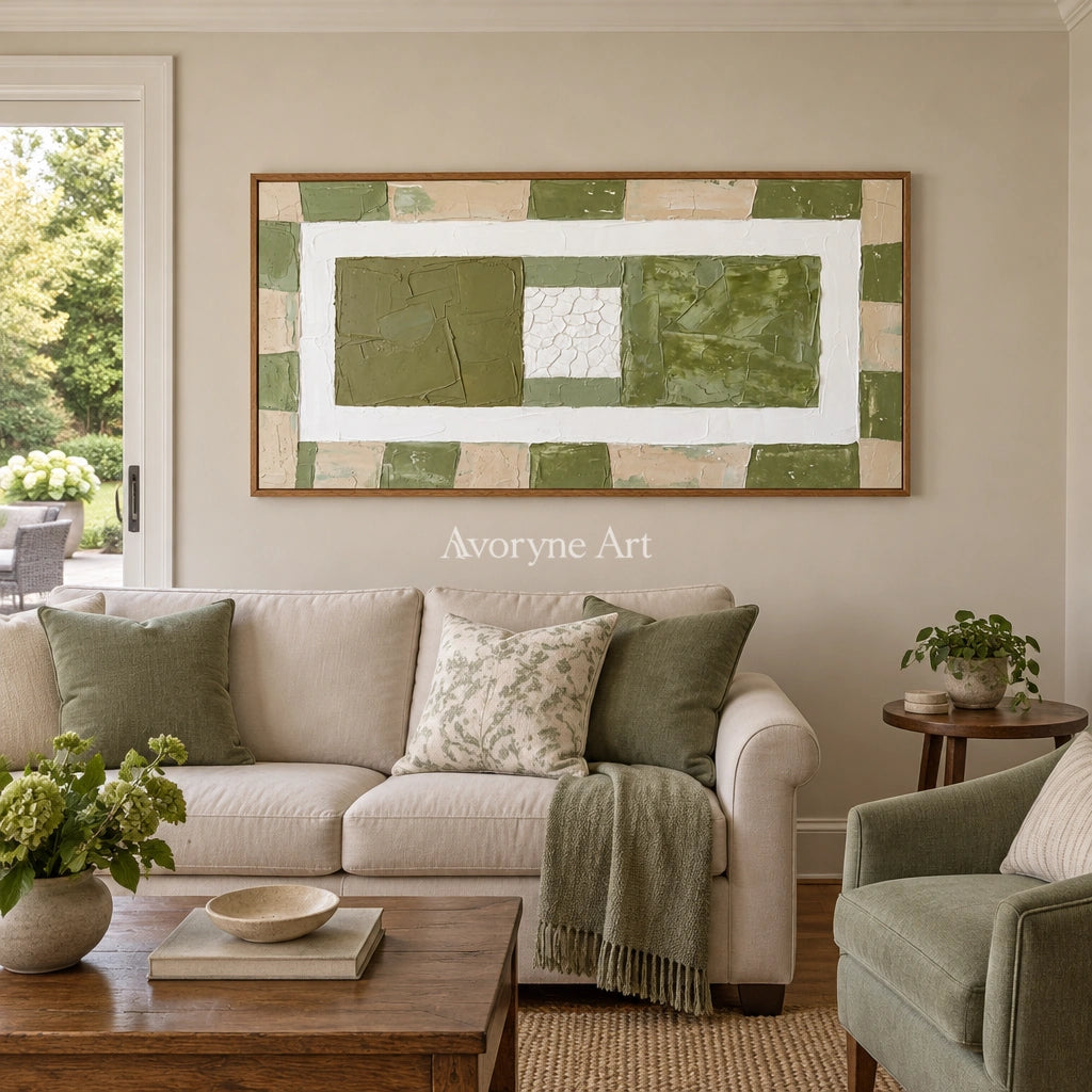 Soft Measure olive ivory grid wall art with a wood frame in a villa living space