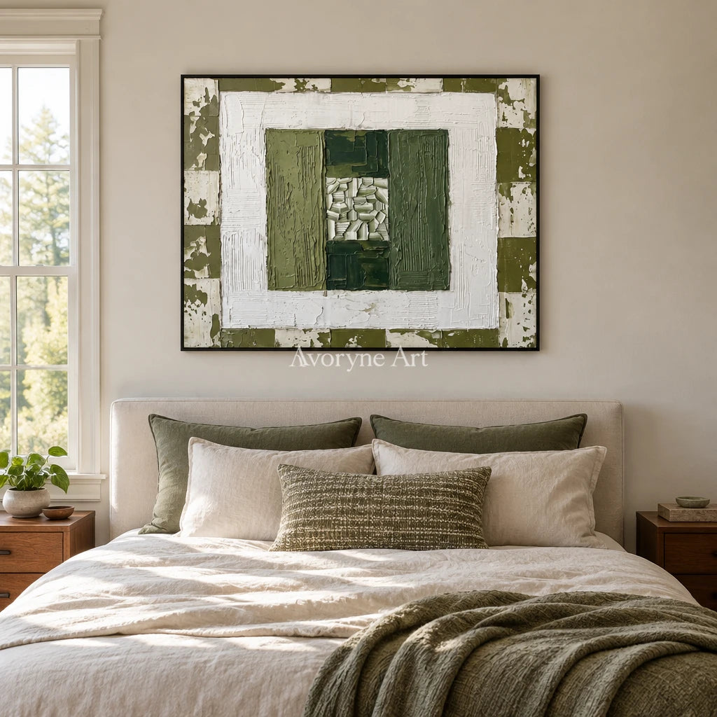 Hushed Haven olive ivory grid wall art with a black frame above a bed in a bedroom