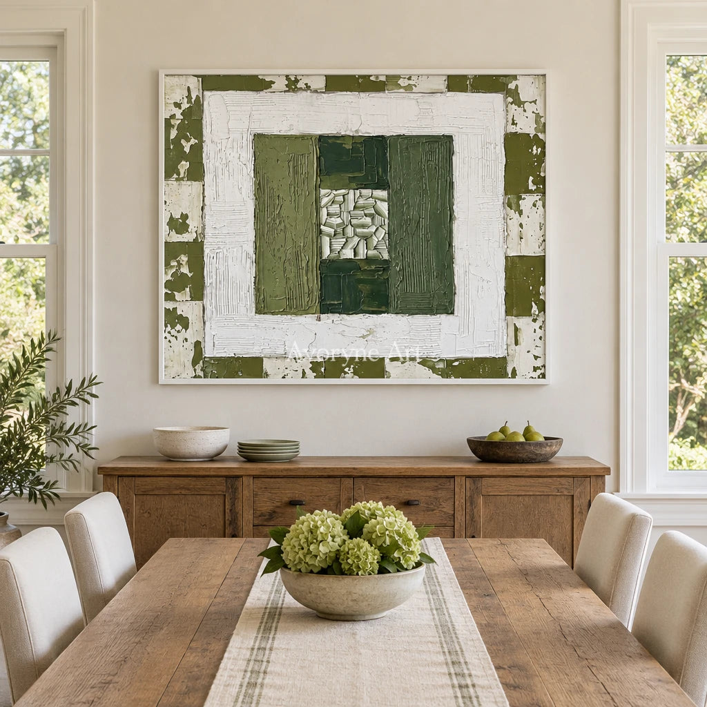 Hushed Haven olive ivory grid wall art with a white frame in a dining room